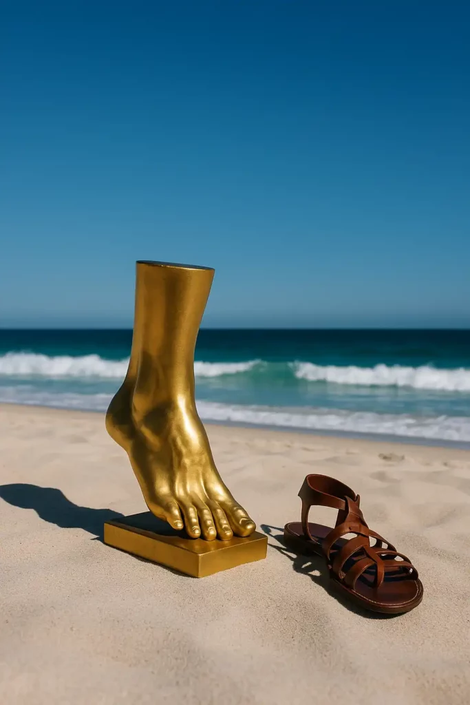 Imagen de la estatua de un pie de oro, en la playa, simbolizando la importancia de la salud pedestre.