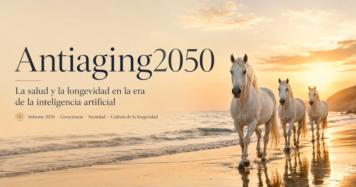 Caballos blancos en la playa al atardecer, imagen de identidad de Antiaging2050